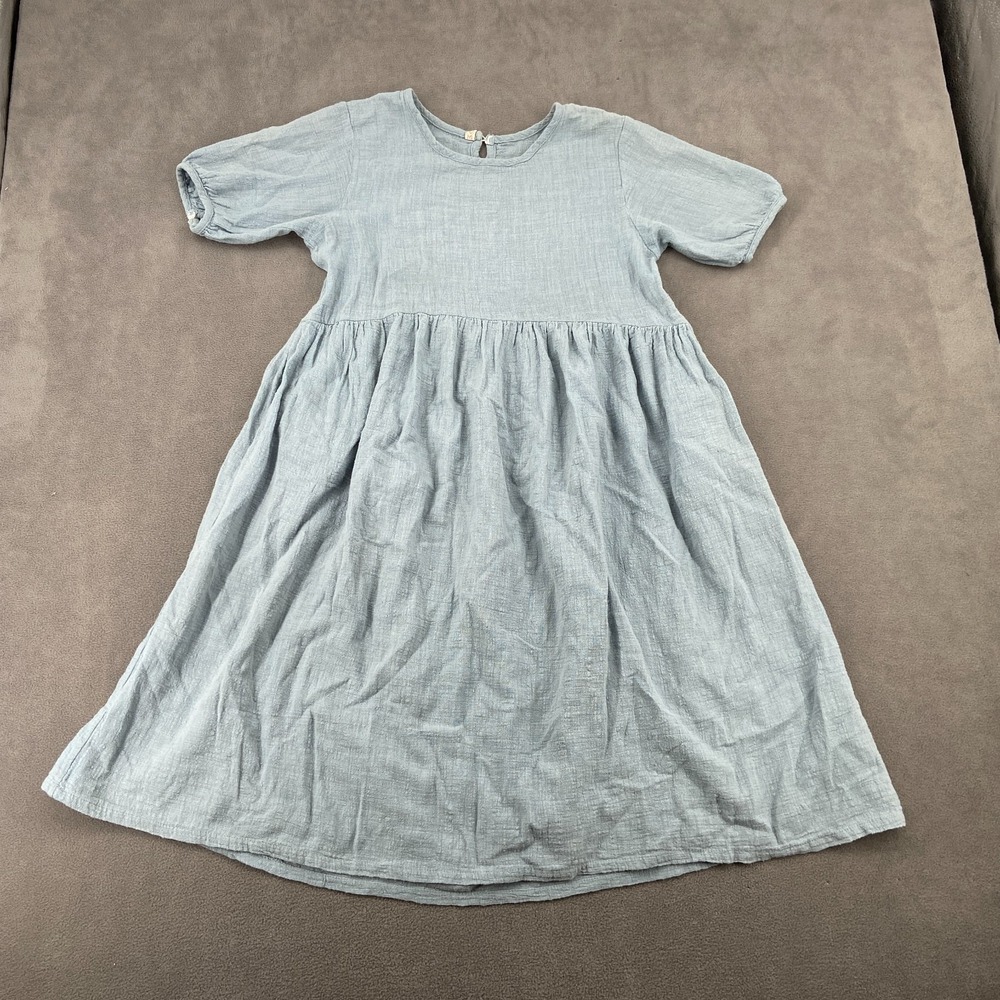 Womens Midi Dress Blue Textured Gauze Pockets Tie Waist Sz M/L Fit Puff Sleeve